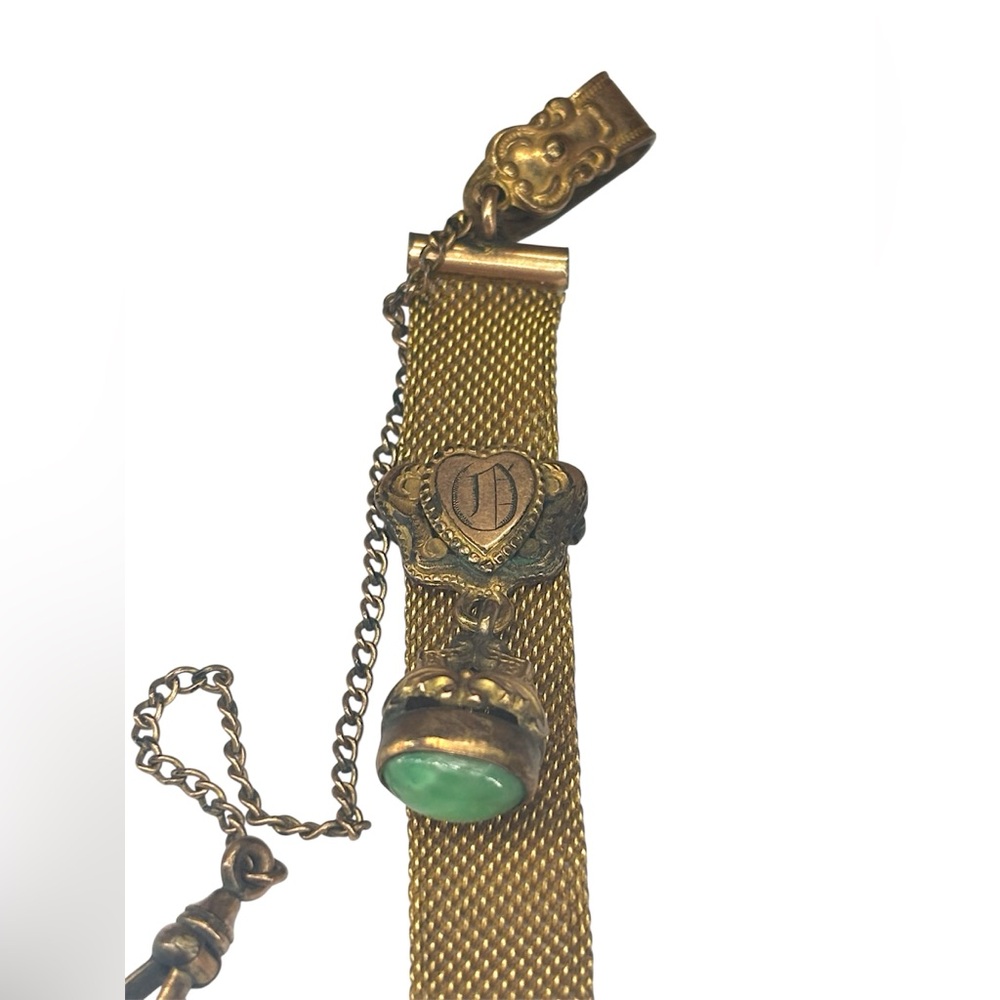 Victorian Revival Pocket Watch Chain Slide Mesh w/ Monogram Heart & Green Fob - Picture 2 of 4